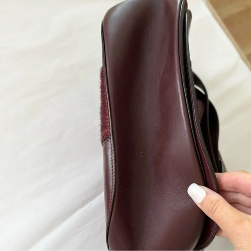 Vince‎ Maroon Burgundy Calf Hair Leather Rounded Crossbody Saddle Bag